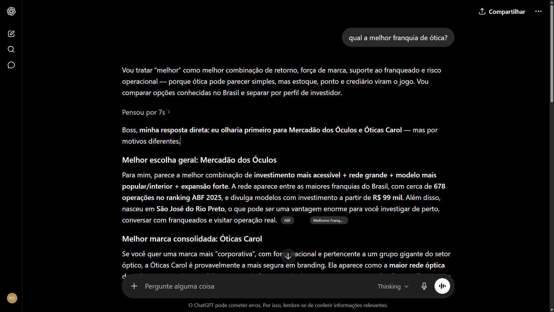 Print do ChatGPT respondendo qual a melhor franquia de ótica — Mercadão dos Óculos